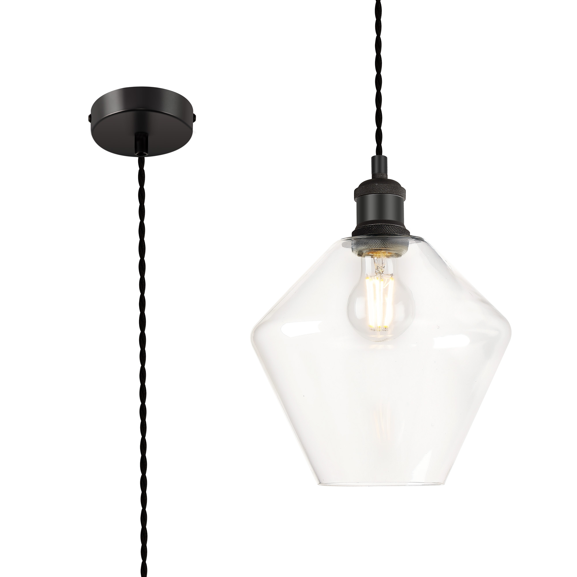 Cawdor Single Pendant, 1 Light E27, Matt Black/Black/Amber Diamond Glass